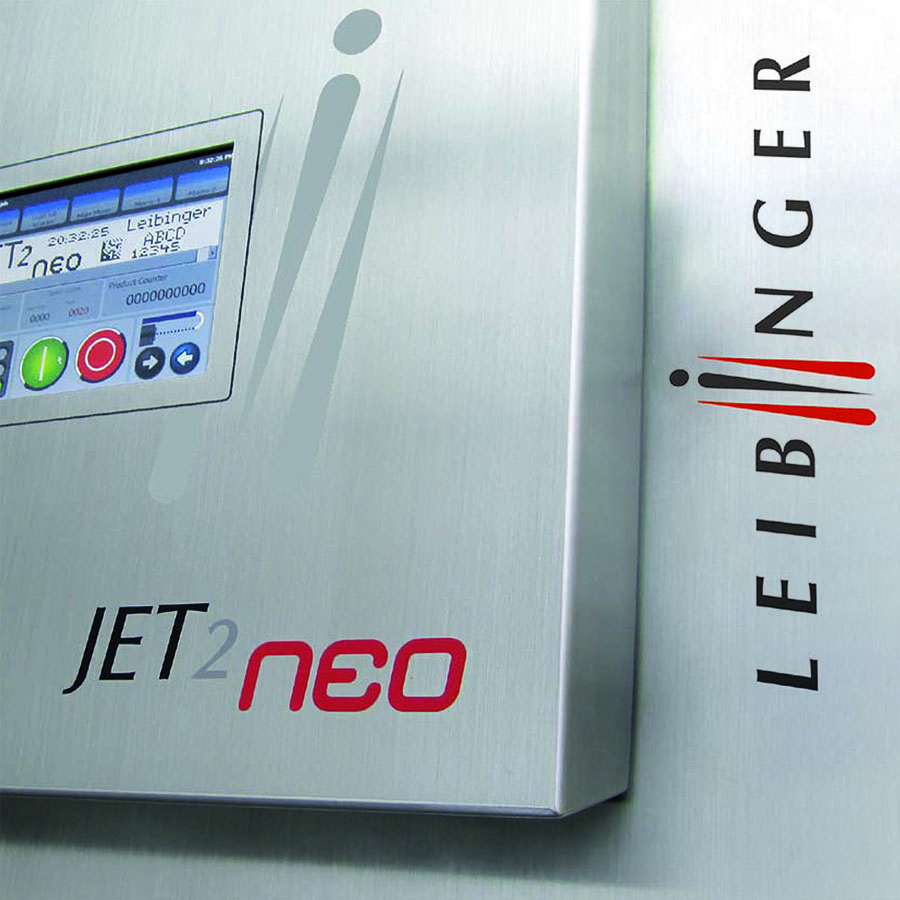 Leibinger JET2neo continuous inkjet printer showing control panel and manufacturer branding